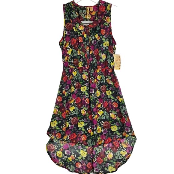 Eyeshadow Dresses & Skirts - Sleeveless Midi Dress Black w/Floral Print Sz L Tier Asymmetric Whimsy Fairy NWT
